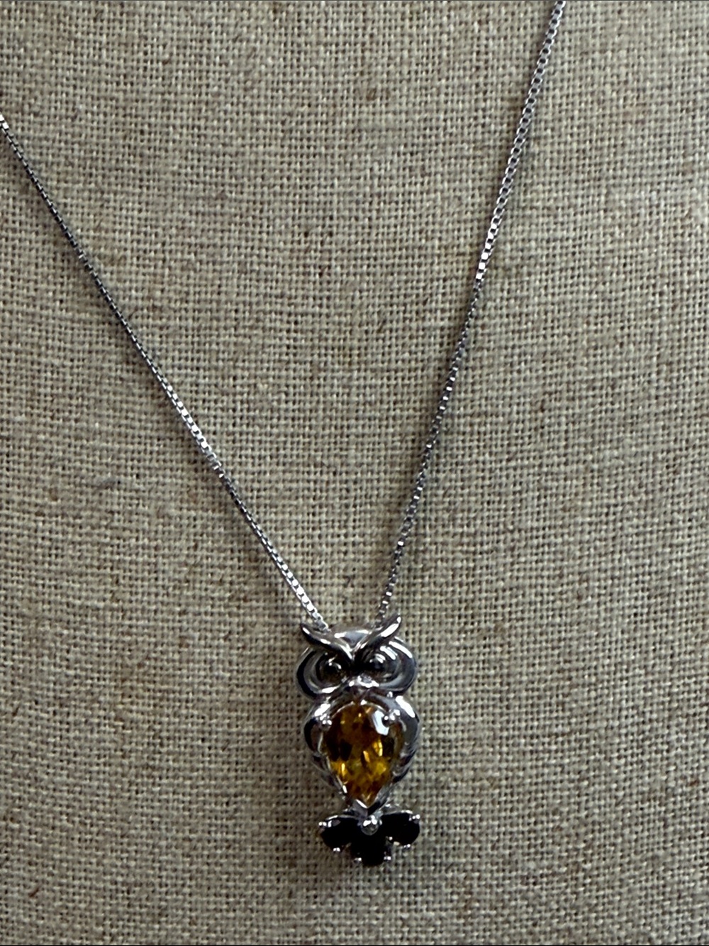 Sterling Silver Owl Pendant Necklace with Yellow Gem sterling 925